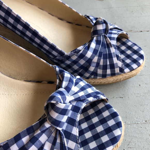 Blue Gingham Checkered Wedge Espadrilles - Picture 6 of 11